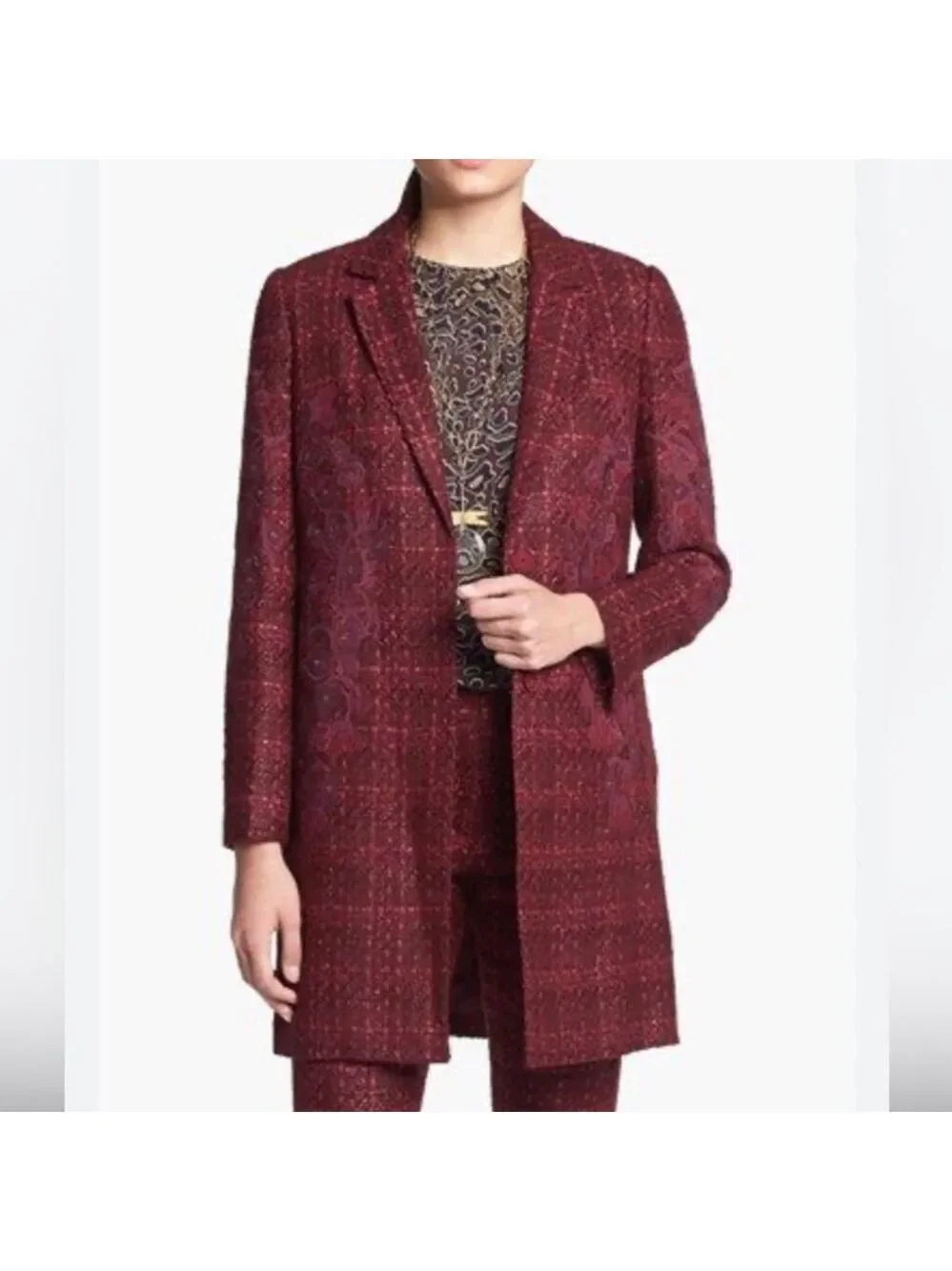 Tory Burch Patsy Glazed Tweed dark plum long line coat Size 2 appliqué embellish